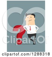 Poster, Art Print Of Flat Modern Design Styled Grumpy White Businessman Leaning On A Question Mark Over Blue