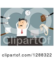 Poster, Art Print Of Flat Modern Design Styled White Businessman Being Overwhelmed With Tasks Over Blue