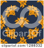Clipart Of A Background Pattern Of Seamless Orange Flowers On Navy Blue Royalty Free Vector Illustration