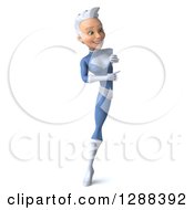 Clipart Of A 3d Full Length White Haired Caucasian Female Super Hero In A Blue Suit Pointing Around A Sign Royalty Free Illustration by Julos