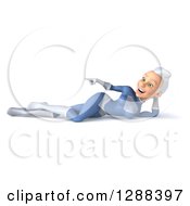 Clipart Of A 3d White Haired Caucasian Female Super Hero In A Blue Suit Resting On Her Side And Pointing Royalty Free Illustration by Julos