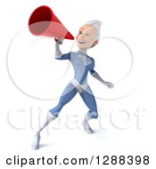 Clipart Of A 3d White Haired Caucasian Female Super Hero In A Blue Suit Announcing With A Megaphone Royalty Free Illustration by Julos