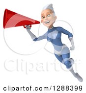 Clipart Of A 3d White Haired Caucasian Female Super Hero In A Blue Suit Flying And Announcing With A Megaphone Royalty Free Illustration by Julos