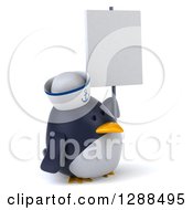 Clipart Of A 3d Sailor Penguin Facing Right And Holding A Blank Sign Royalty Free Illustration