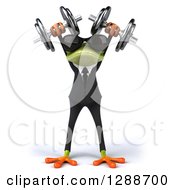 Clipart Of A 3d Business Green Springer Frog Wearing Sunglasses And Doing Shoulder Presses With Dumbbells Royalty Free Illustration