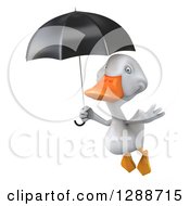 Clipart Of A 3d White Duck Flying And Holding A Black Umbrella Royalty Free Illustration