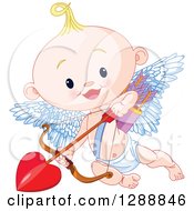 Poster, Art Print Of Cute Blond White Baby Cupid Flying With A Heart Arrow