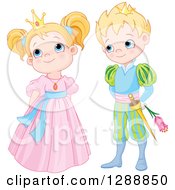Poster, Art Print Of Cute Blond Caucasian Prince Holding A Flower Behind His Back And Looking At A Bashful Princess