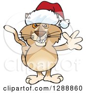 Poster, Art Print Of Cartoon Happy Puma Wearing A Christmas Sant Hat And Waving