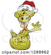 Poster, Art Print Of Cartoon Happy Python Snake Wearing A Christmas Sant Hat And Waving