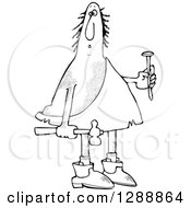 Black And White Hairy Caveman Holding A Nail And Hammer