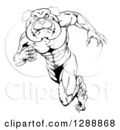 Poster, Art Print Of Black And White Muscular Tough Bulldog Man Mascot Sprinting Upright