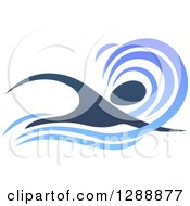 Clipart Of A Silhouetted Dark Blue Swimmer In A Wave Royalty Free Vector Illustration by AtStockIllustration