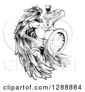 Poster, Art Print Of Black And White Spartan Trojan Warrior Guardian Angel With A Sword And Shield