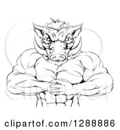 Poster, Art Print Of Black And White Muscular Aggressive Boar Man Mascot Gesturing Bring It