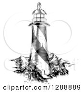 Poster, Art Print Of Black And White Engraved Lithograph Lighthouse And Waves