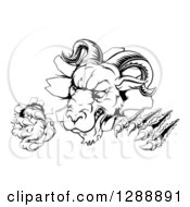 Clipart Of A Black And White Angry Ram Monster Clawing Through A Wall Royalty Free Vector Illustration