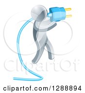 Clipart Of A 3d Silver Man Holding A Blue Electric Plug Royalty Free Vector Illustration by AtStockIllustration