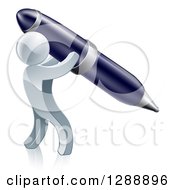 Clipart Of A 3d Silver Man Using A Giant Pen Royalty Free Vector Illustration