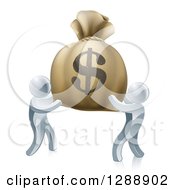Clipart Of 3d Silver Men Carrying A Large Dollar Money Bag Royalty Free Vector Illustration