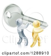 Poster, Art Print Of 3d Gold And Silver Men Carrying A Giant Key