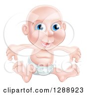 Happy Bald Blue Eyed Caucasian Baby Boy Sitting In A Diaper
