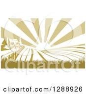 Poster, Art Print Of Sunrise Over A Green Silhouetted Farm House And Fields