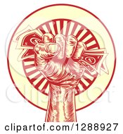 Poster, Art Print Of Engraved Revolutionary Fist Holding Money Over A Red And Yellow Burst Circle