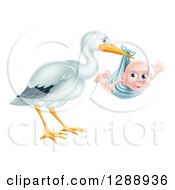 Stork Bird Holding A Happy Baby Boy In A Blue Bundle