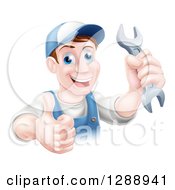 Clipart Of A Happy Brunette Middle Aged Caucasian Mechanic Man Holding A Wrench And Thumb Up Over A Sign Royalty Free Vector Illustration by AtStockIllustration