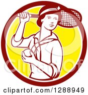 Clipart Of A Retro Female Tennis Player Holding A Racket And Ball In A Maroon White And Yellow Circle Royalty Free Vector Illustration