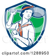 Clipart Of A Retro Female Tennis Player Holding A Racket And Ball In A Blue White And Green Shield Royalty Free Vector Illustration