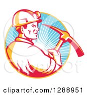 Retro Male Coal Miner In Profile Holding A Pickaxe In A Yellow And Blue Circle Of Sunshine