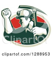 Poster, Art Print Of Retro Male Coal Miner Holding Up A Fist And A Pickaxe In A Green White And Red Oval