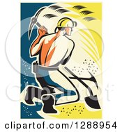 Clipart Of A Retro Kneeling Shirtless Male Coal Miner Using A Pickaxe In A Yellow Blue And Beige Rectangle With A Border Royalty Free Vector Illustration