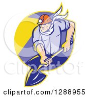 Poster, Art Print Of Retro Male Coal Miner Digging With A Spade Shovel With Light Shining From His Helmet In A Yellow And Purple Circle