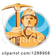 Retro Male Coal Miner Holding Up A Pickaxe In A Gray And Blue Circle Of Sunshine