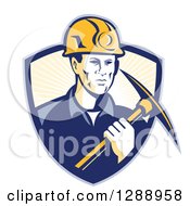 Retro Male Coal Miner Holding A Pickaxe In A Blue And Pastel Yellow Sunshine Shield