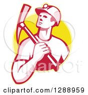 Retro Male Coal Miner Holding A Pickaxe Over His Shoulder In A Yellow Circle