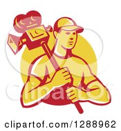 Clipart Of A Retro Young Male Cameraman In A Yellow Circle Royalty Free Vector Illustration
