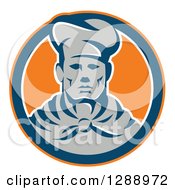 Clipart Of A Retro Male Chef In An Orange Navy Blue And White Circle Royalty Free Vector Illustration