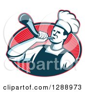 Poster, Art Print Of Retro Male Chef Blowing A Bullhorn In A Red White And Navy Blue Oval Of Rays