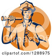 Poster, Art Print Of Retro Male Police Officer Shining A Flashlight And Pointing Over An Orange Circle