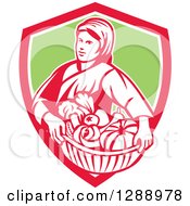 Poster, Art Print Of Retro Female Farmer Holding A Basket Of Harvest Produce In A Red White And Orange Shield