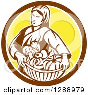 Poster, Art Print Of Retro Female Farmer Holding A Basket Of Harvest Produce In A Brown White And Yellow Circle