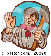 Retro Woodcut Friendly Male Union Worker Waving And Holding A Sledgehammer In A Brown And Blue Oval