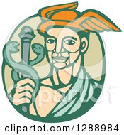 Clipart Of A Retro Woodcut Hermes With A Caduceus In A Green Circle Royalty Free Vector Illustration