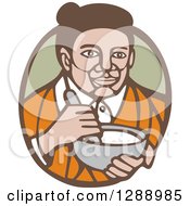 Retro Woodcut Senior Woman Holding A Mixing Bowl In A Green And Brown Oval