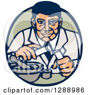 Retro Woodcut Male Scientist Transfering Items In Test Tubes In A Blue And Green Oval