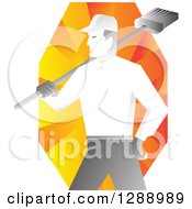 Poster, Art Print Of Retro Male Janitor Holding A Broom Over His Shoulder Over Orange Rays